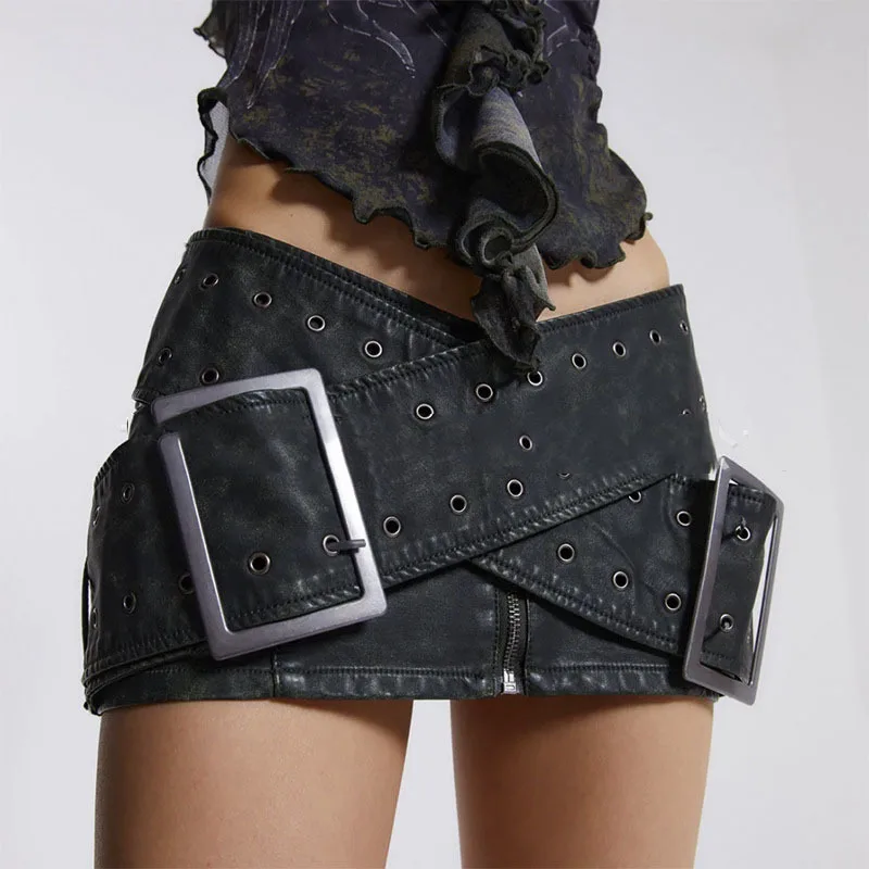 KUCLUT Fashion Worn Out Cross Belt Leather Low Waist Mini Skirt For Women Versatile Motorcycle Style Wrapped Hip Skirts 1A568