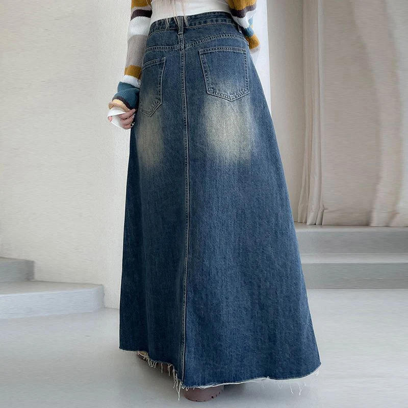 Vinatge A Line Denim Long Skirts Women 2026 Spring High Waist Midi Jeans Skirt Woman Korean Streetwear Loose Skirts Female