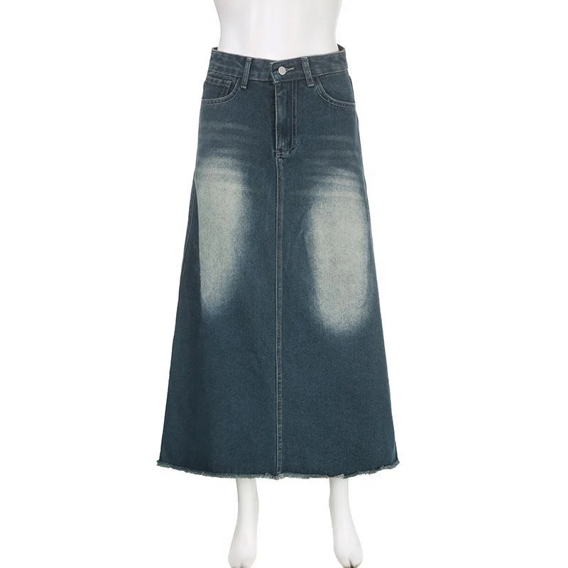 Vinatge A Line Denim Long Skirts Women 2026 Spring High Waist Midi Jeans Skirt Woman Korean Streetwear Loose Skirts Female