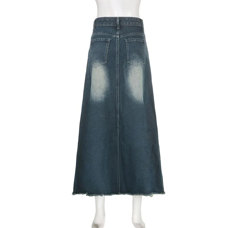 Vinatge A Line Denim Long Skirts Women 2026 Spring High Waist Midi Jeans Skirt Woman Korean Streetwear Loose Skirts Female