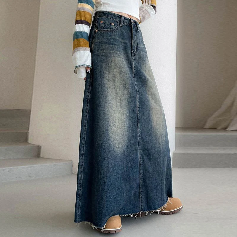 Vinatge A Line Denim Long Skirts Women 2026 Spring High Waist Midi Jeans Skirt Woman Korean Streetwear Loose Skirts Female