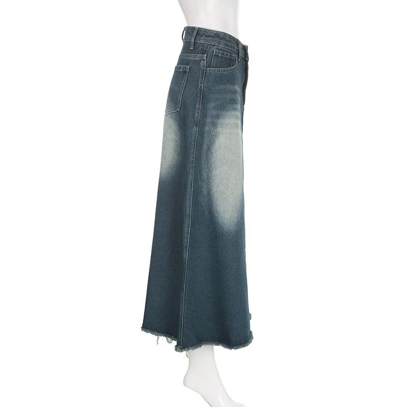 Vinatge A Line Denim Long Skirts Women 2026 Spring High Waist Midi Jeans Skirt Woman Korean Streetwear Loose Skirts Female