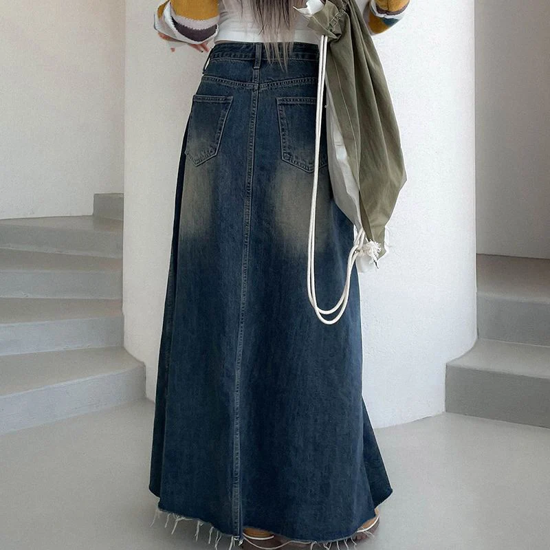 Vinatge A Line Denim Long Skirts Women 2026 Spring High Waist Midi Jeans Skirt Woman Korean Streetwear Loose Skirts Female