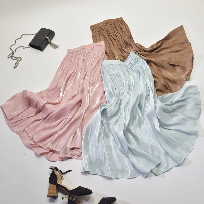 2025 Women Summer White Long Skirt Chic Brand Top Quality Women Pleated Skirts High Waist Women Pink Skirts Faldas Saias Jupe