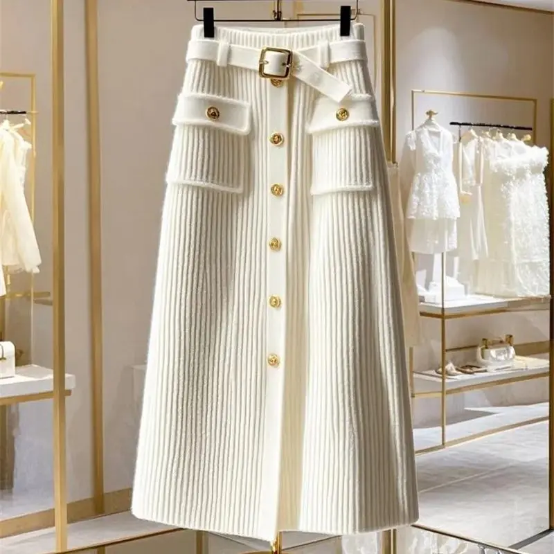 New High End Elegant Knitted Skirt Women Office Lady High Waist Fashion Single Breasted Slim Wrapped Hip Midi Skirt
