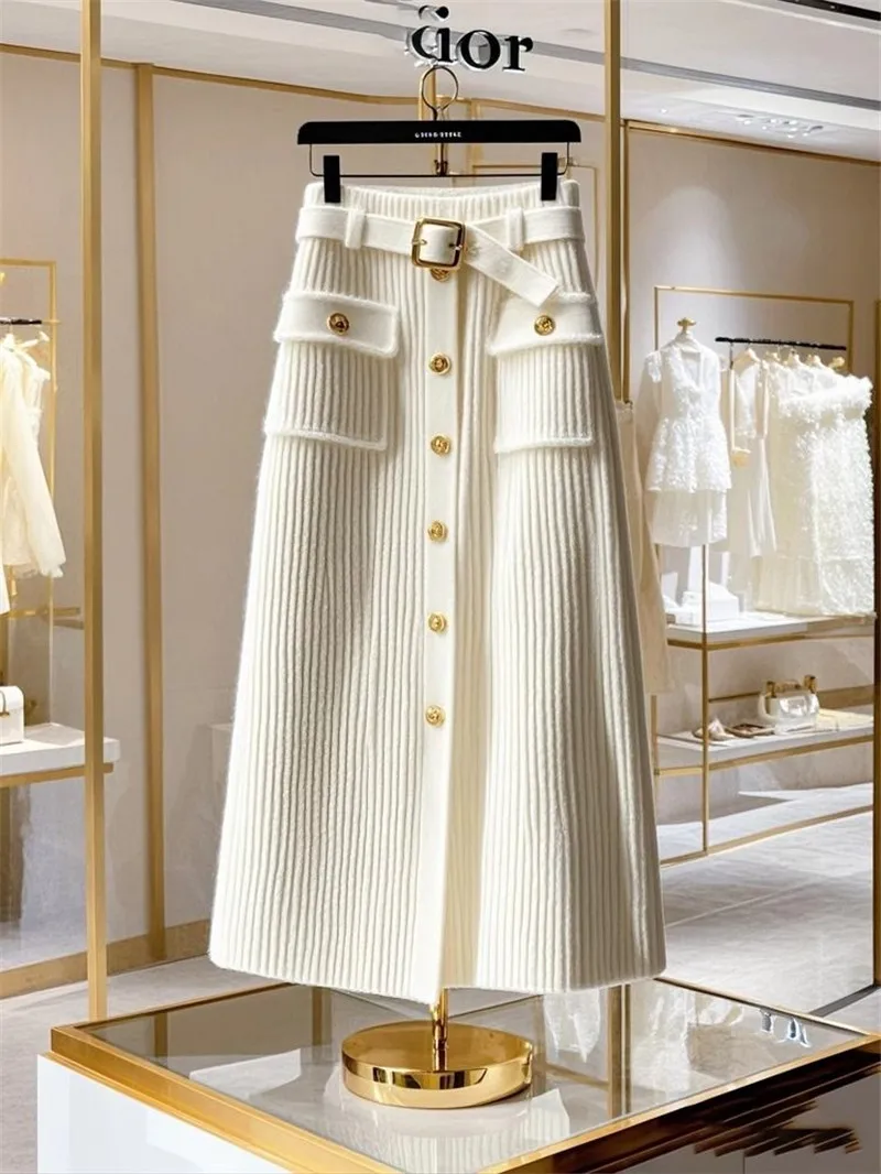 New High End Elegant Knitted Skirt Women Office Lady High Waist Fashion Single Breasted Slim Wrapped Hip Midi Skirt
