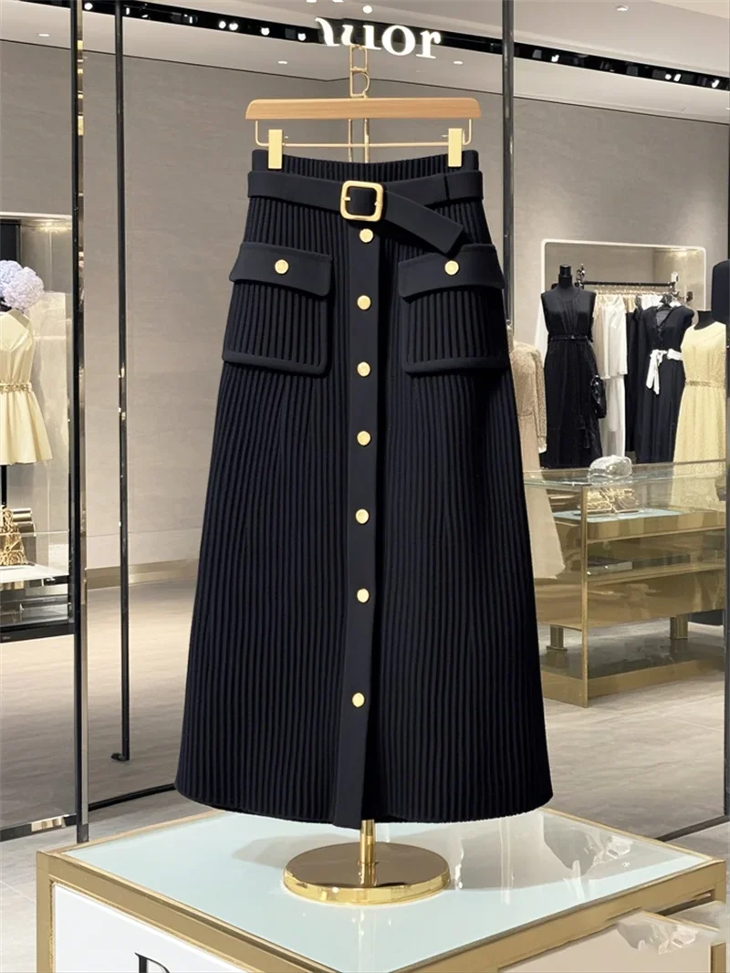 New High End Elegant Knitted Skirt Women Office Lady High Waist Fashion Single Breasted Slim Wrapped Hip Midi Skirt