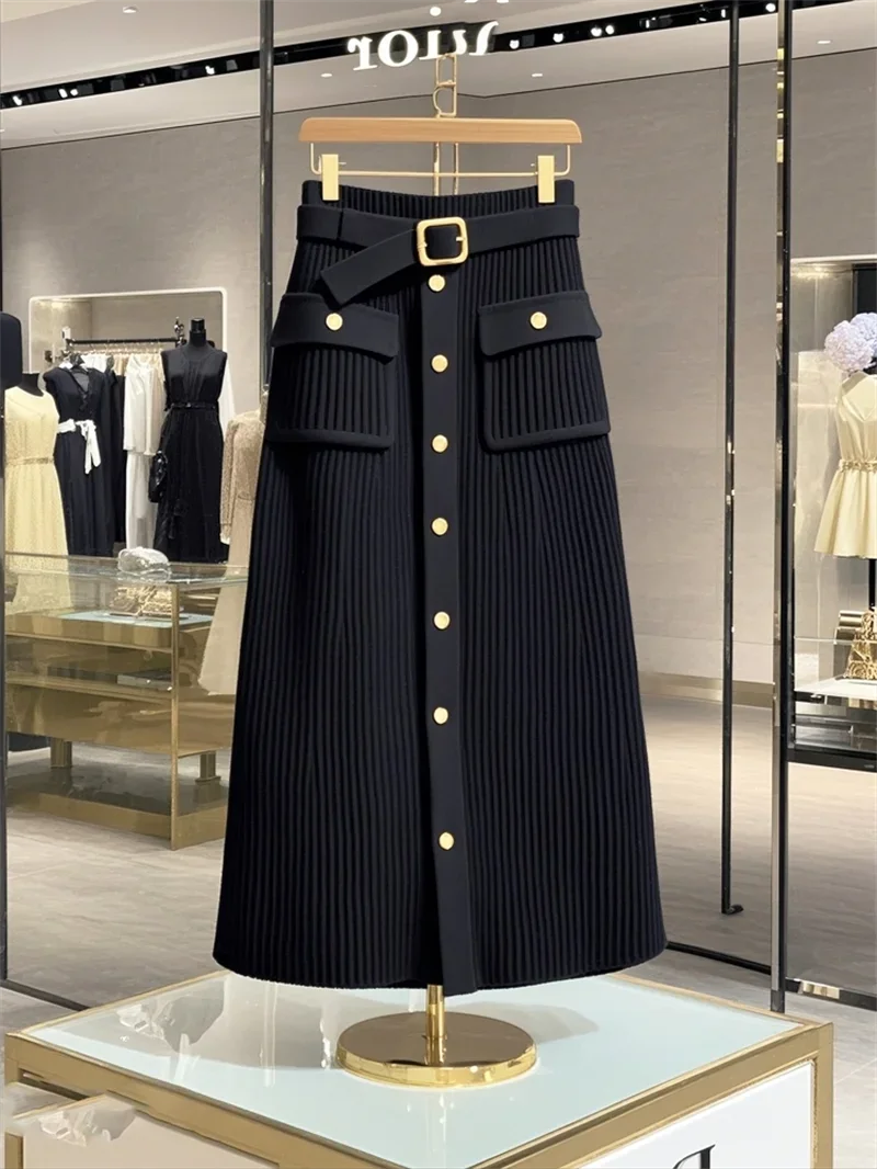New High End Elegant Knitted Skirt Women Office Lady High Waist Fashion Single Breasted Slim Wrapped Hip Midi Skirt