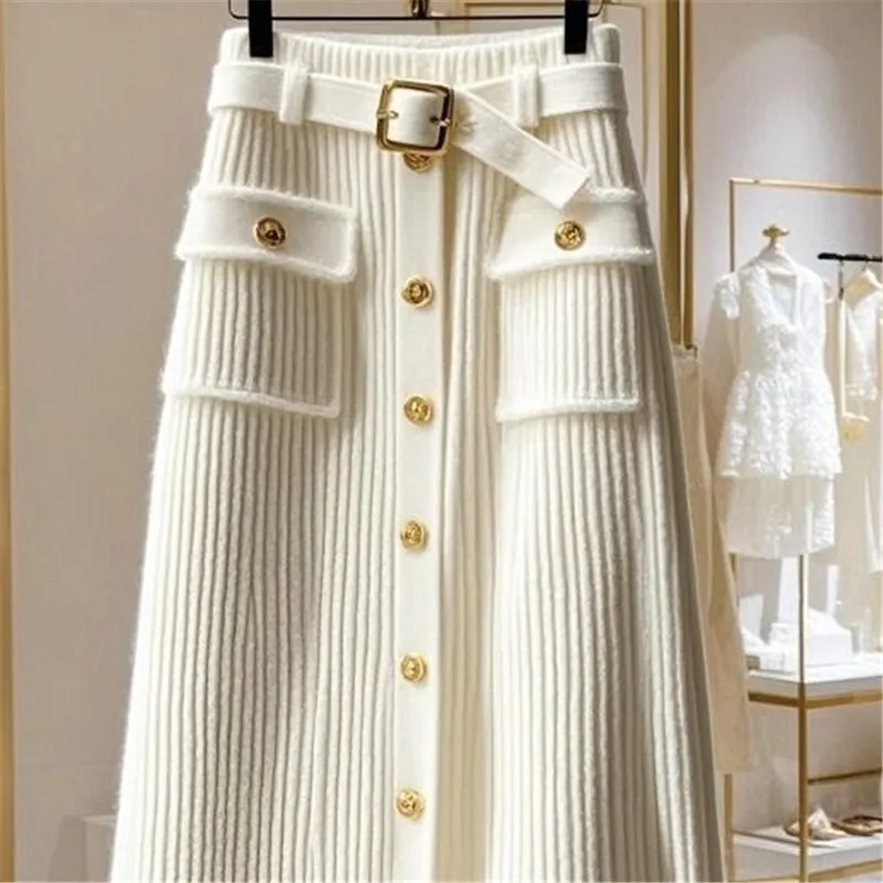 New High End Elegant Knitted Skirt Women Office Lady High Waist Fashion Single Breasted Slim Wrapped Hip Midi Skirt