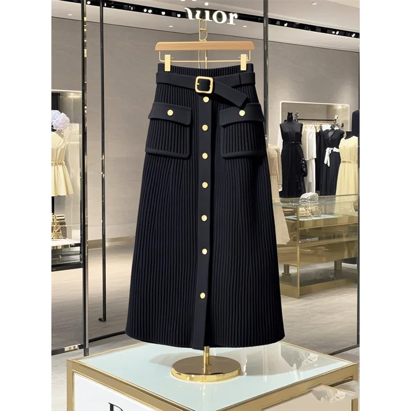 New High End Elegant Knitted Skirt Women Office Lady High Waist Fashion Single Breasted Slim Wrapped Hip Midi Skirt