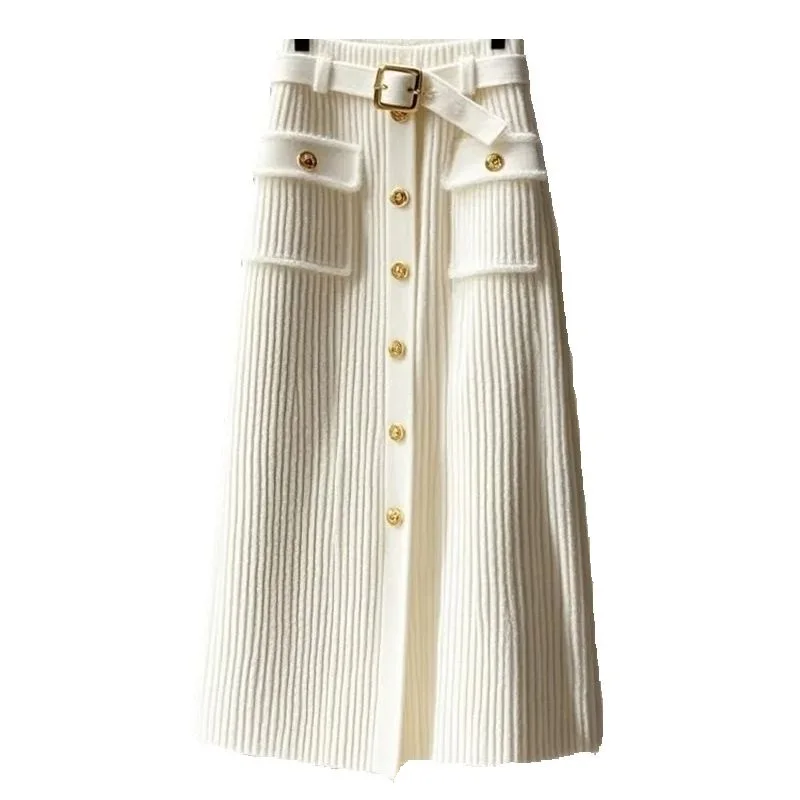 New High End Elegant Knitted Skirt Women Office Lady High Waist Fashion Single Breasted Slim Wrapped Hip Midi Skirt