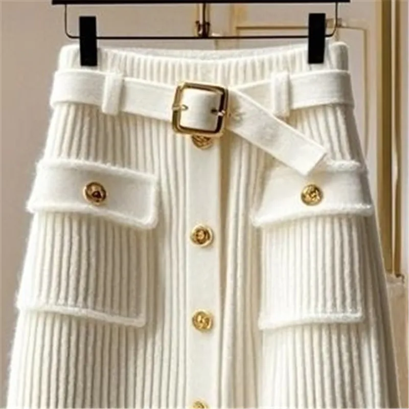 New High End Elegant Knitted Skirt Women Office Lady High Waist Fashion Single Breasted Slim Wrapped Hip Midi Skirt