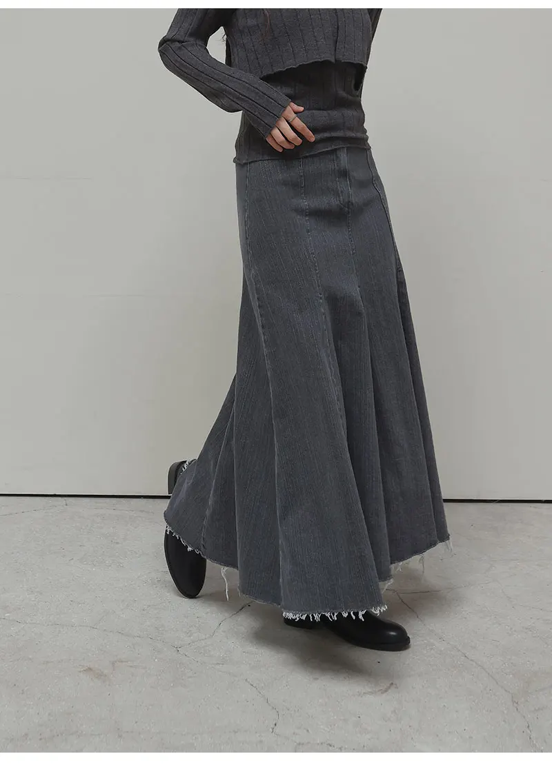 Vintage Black Denim High Waist Long Skirts For Women 2025 Autumn Winter New Fashion Blue Elegant Fishtail Wrapped Hip Jean Skirt