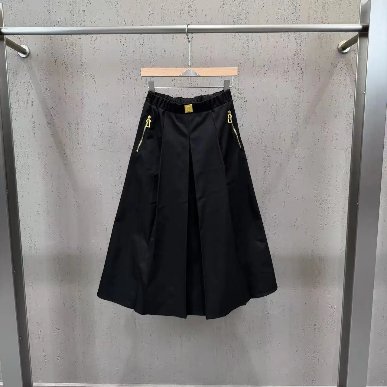 High Street Skirts Women's Retro Double Zipper Pocket Elastic Waist Elegant Style A-line Streetwear Skirt Nylon Fabric