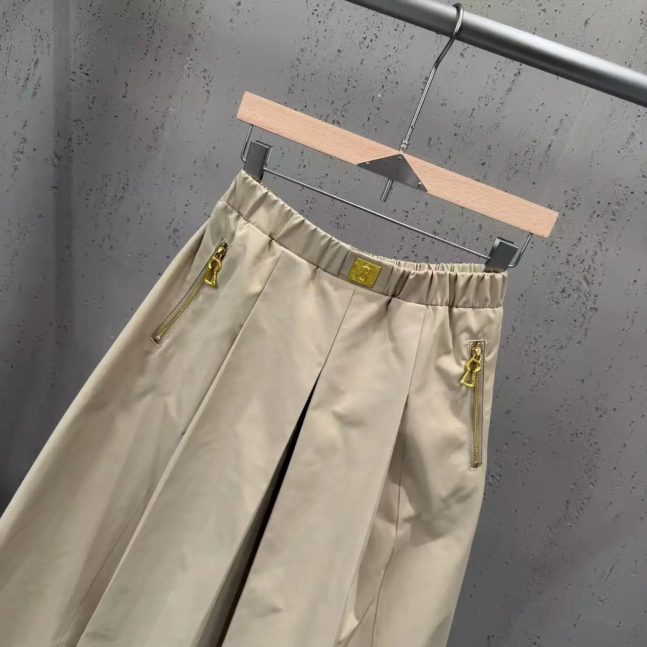 High Street Skirts Women's Retro Double Zipper Pocket Elastic Waist Elegant Style A-line Streetwear Skirt Nylon Fabric