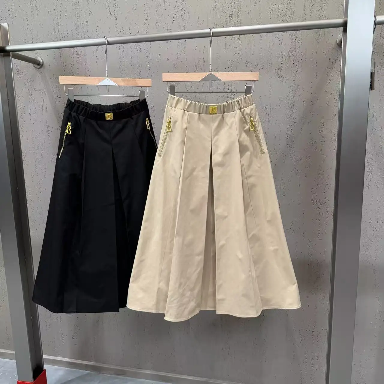 High Street Skirts Women's Retro Double Zipper Pocket Elastic Waist Elegant Style A-line Streetwear Skirt Nylon Fabric