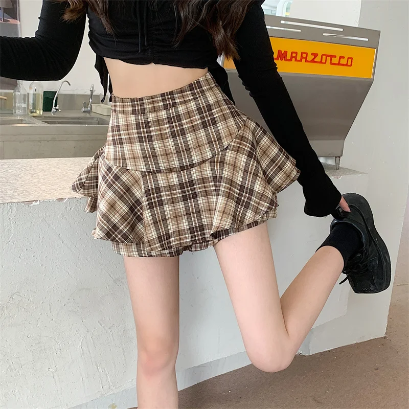 Tiered Mini Skirt Y2K High Waist Tartan Ruffled Plaid Skirt Skort Women Aesthetic Outfit