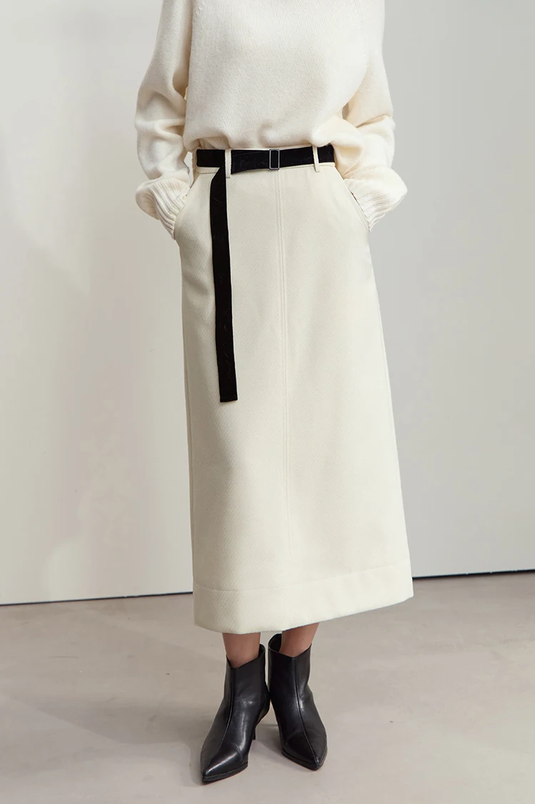 AMII Minimalism Women's Elegant Commuter Skirts with Velvet Belt 2024 Winter Twill Fabric Warm Slit Straight Midi Skirt 12444183