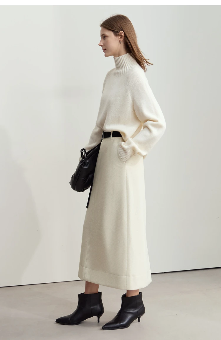 AMII Minimalism Women's Elegant Commuter Skirts with Velvet Belt 2024 Winter Twill Fabric Warm Slit Straight Midi Skirt 12444183