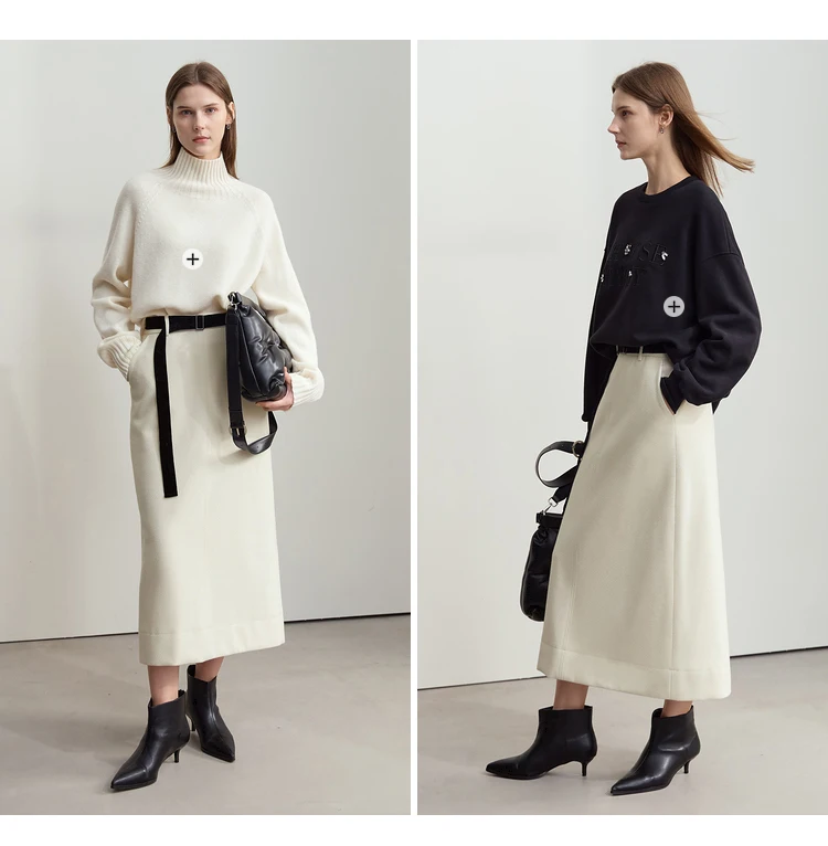 AMII Minimalism Women's Elegant Commuter Skirts with Velvet Belt 2024 Winter Twill Fabric Warm Slit Straight Midi Skirt 12444183
