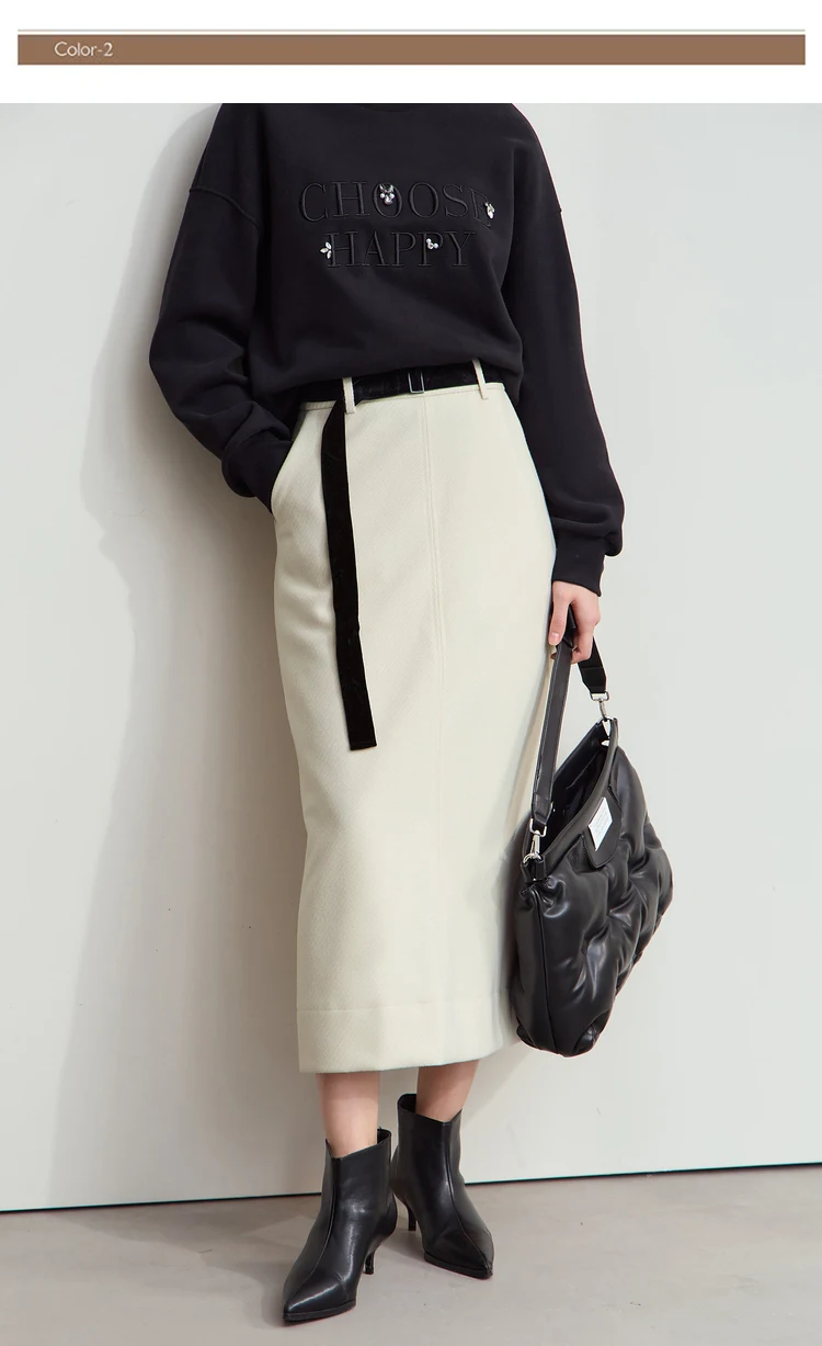 AMII Minimalism Women's Elegant Commuter Skirts with Velvet Belt 2024 Winter Twill Fabric Warm Slit Straight Midi Skirt 12444183