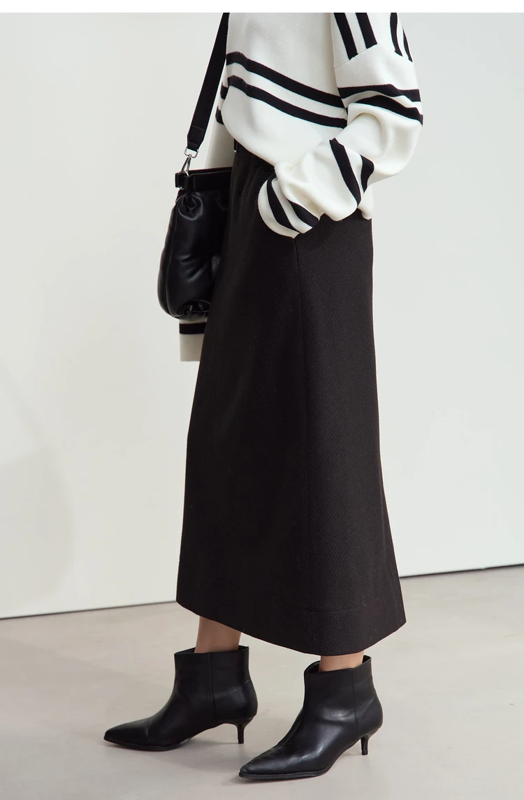 AMII Minimalism Women's Elegant Commuter Skirts with Velvet Belt 2024 Winter Twill Fabric Warm Slit Straight Midi Skirt 12444183
