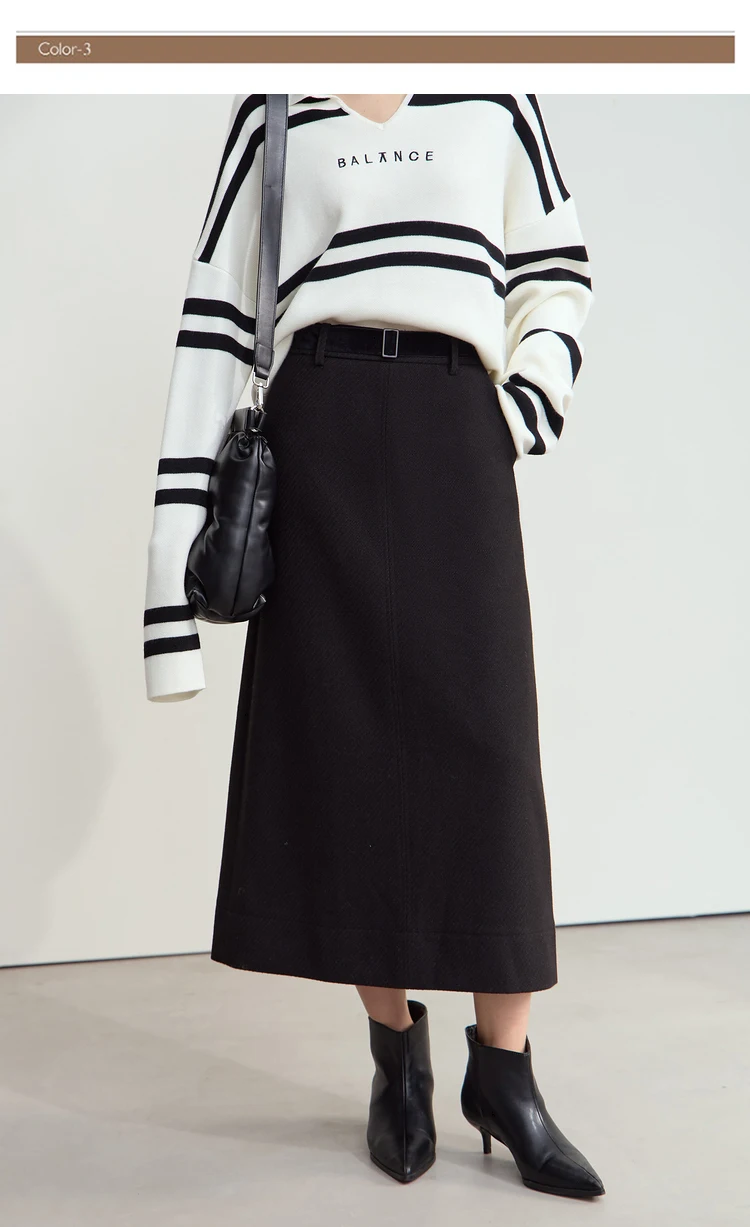 AMII Minimalism Women's Elegant Commuter Skirts with Velvet Belt 2024 Winter Twill Fabric Warm Slit Straight Midi Skirt 12444183