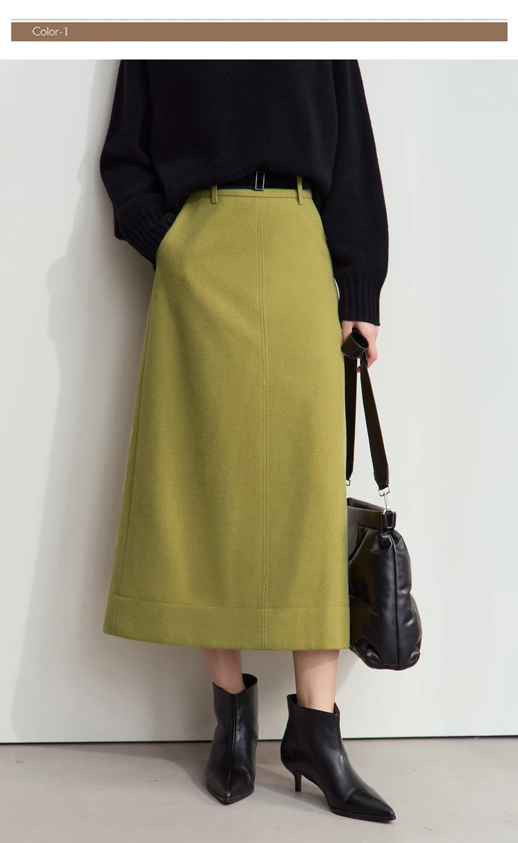 AMII Minimalism Women's Elegant Commuter Skirts with Velvet Belt 2024 Winter Twill Fabric Warm Slit Straight Midi Skirt 12444183