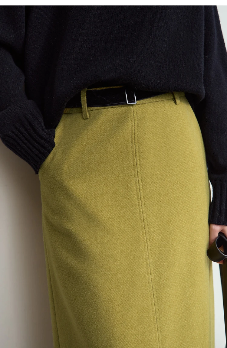 AMII Minimalism Women's Elegant Commuter Skirts with Velvet Belt 2024 Winter Twill Fabric Warm Slit Straight Midi Skirt 12444183