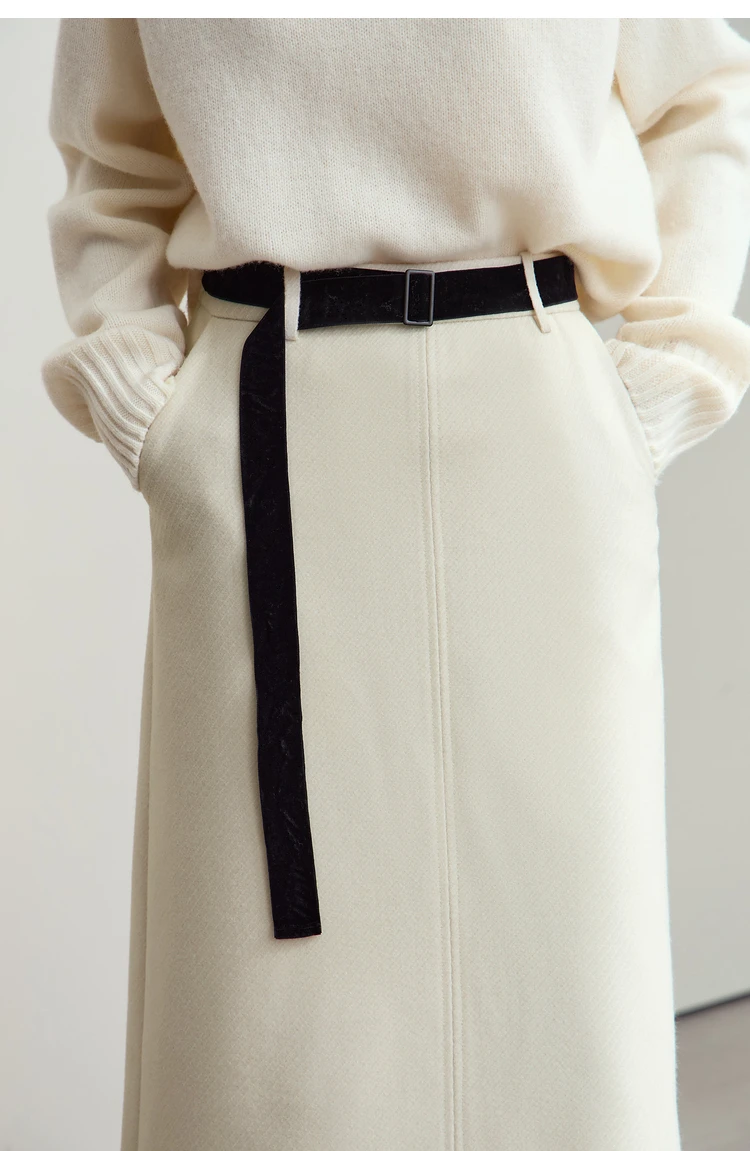 AMII Minimalism Women's Elegant Commuter Skirts with Velvet Belt 2024 Winter Twill Fabric Warm Slit Straight Midi Skirt 12444183