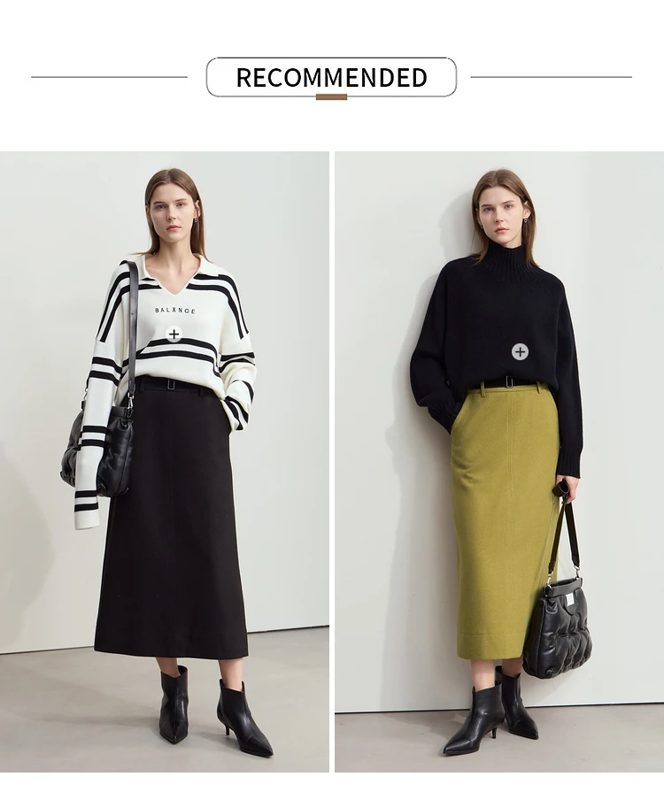 AMII Minimalism Women's Elegant Commuter Skirts with Velvet Belt 2024 Winter Twill Fabric Warm Slit Straight Midi Skirt 12444183