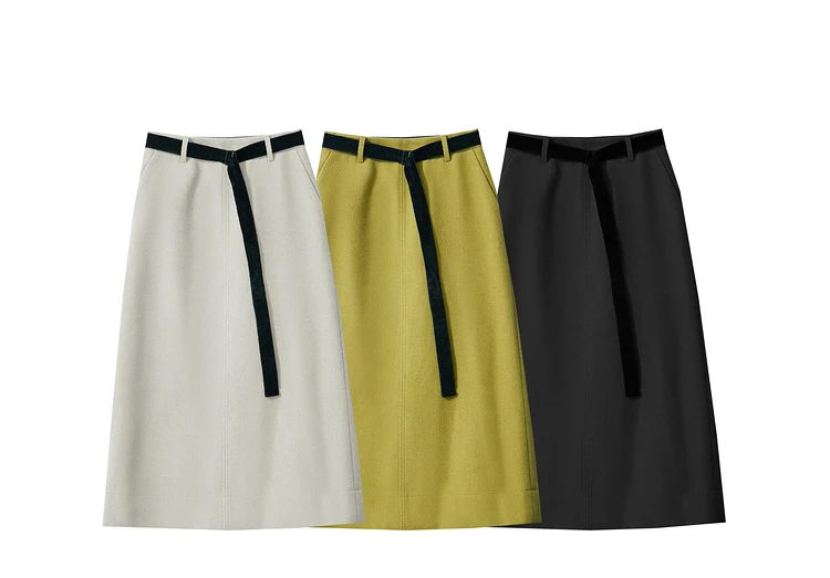 AMII Minimalism Women's Elegant Commuter Skirts with Velvet Belt 2024 Winter Twill Fabric Warm Slit Straight Midi Skirt 12444183