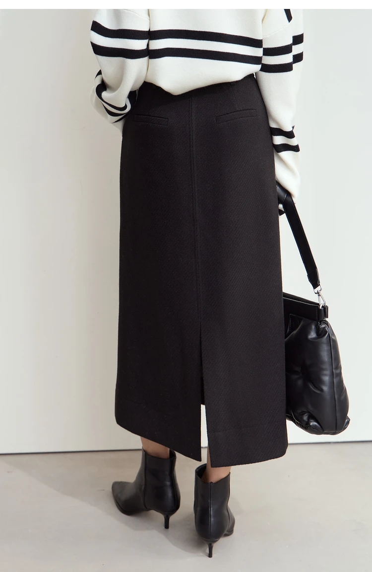 AMII Minimalism Women's Elegant Commuter Skirts with Velvet Belt 2024 Winter Twill Fabric Warm Slit Straight Midi Skirt 12444183