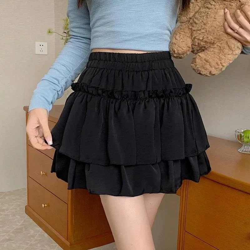 Summer Kawaii White Ruflles Skirt Women Fashion Slim Fit Mini Skirts Giris Y2k All Match Elastic High Waist Black Faldas