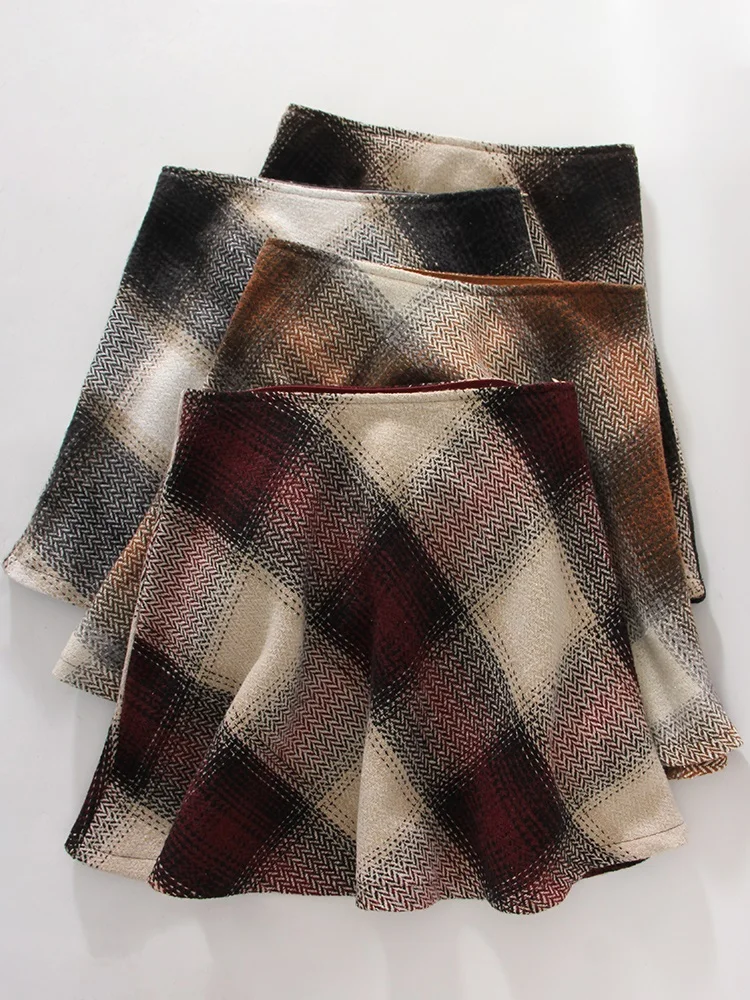 Streamgirl Brown Plaid Woolen Mini Skirts For Women High Waist Orange A Line Umbrella Wool Short Plaid Skirt With Zipper Gray