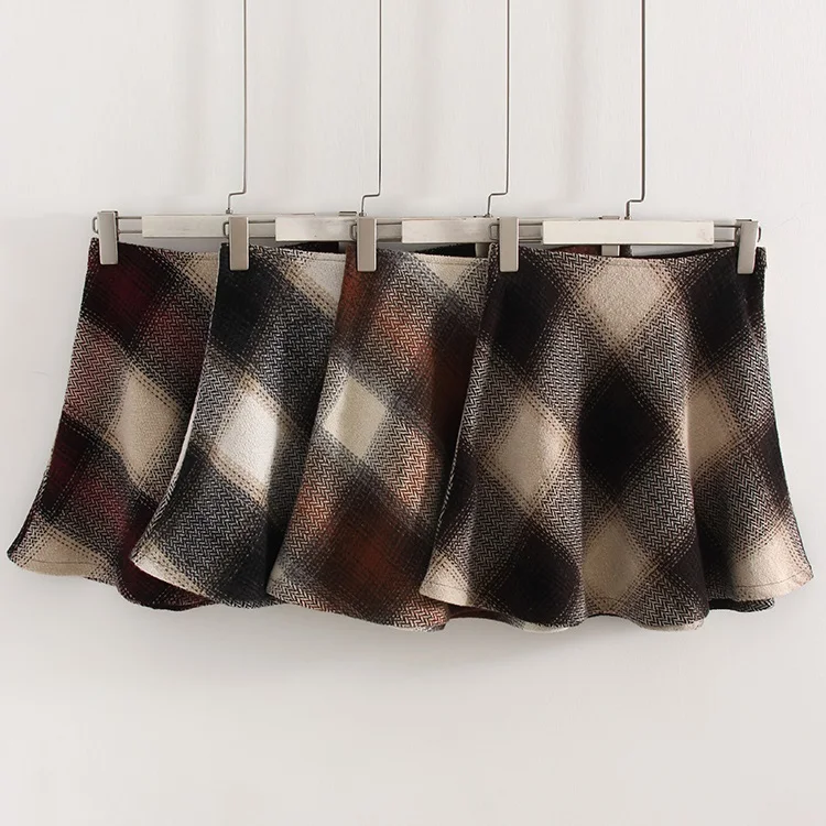 Streamgirl Brown Plaid Woolen Mini Skirts For Women High Waist Orange A Line Umbrella Wool Short Plaid Skirt With Zipper Gray