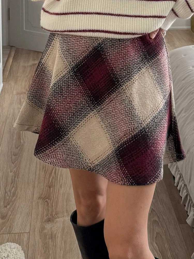 Streamgirl Brown Plaid Woolen Mini Skirts For Women High Waist Orange A Line Umbrella Wool Short Plaid Skirt With Zipper Gray