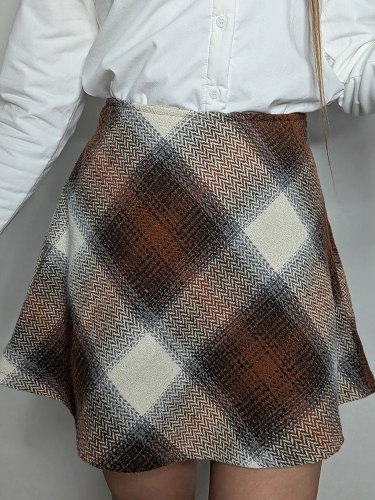 Streamgirl Brown Plaid Woolen Mini Skirts For Women High Waist Orange A Line Umbrella Wool Short Plaid Skirt With Zipper Gray