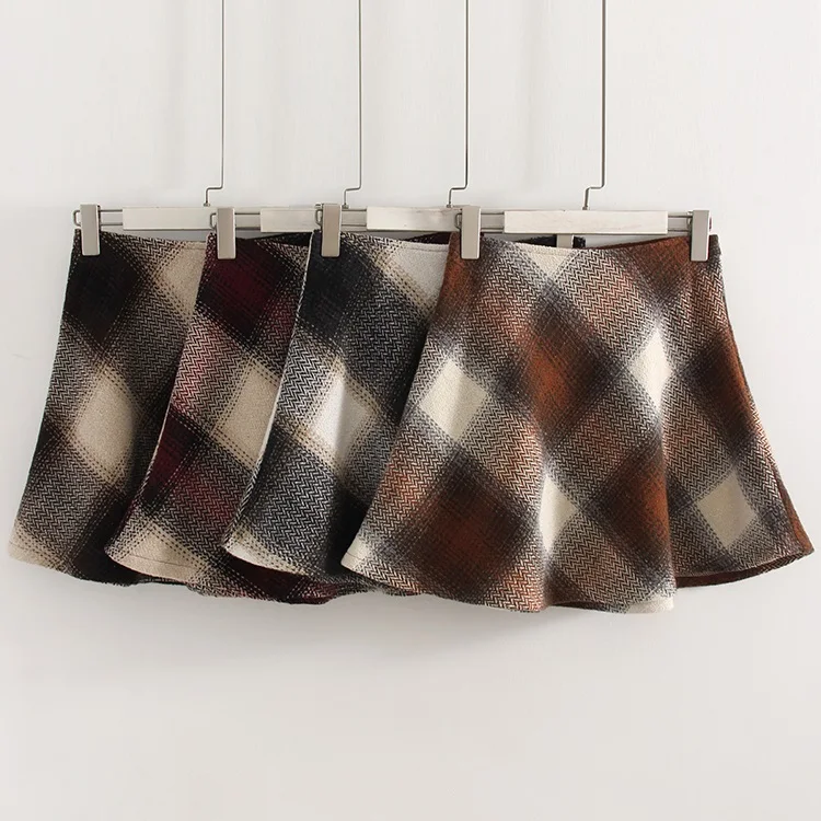 Streamgirl Brown Plaid Woolen Mini Skirts For Women High Waist Orange A Line Umbrella Wool Short Plaid Skirt With Zipper Gray
