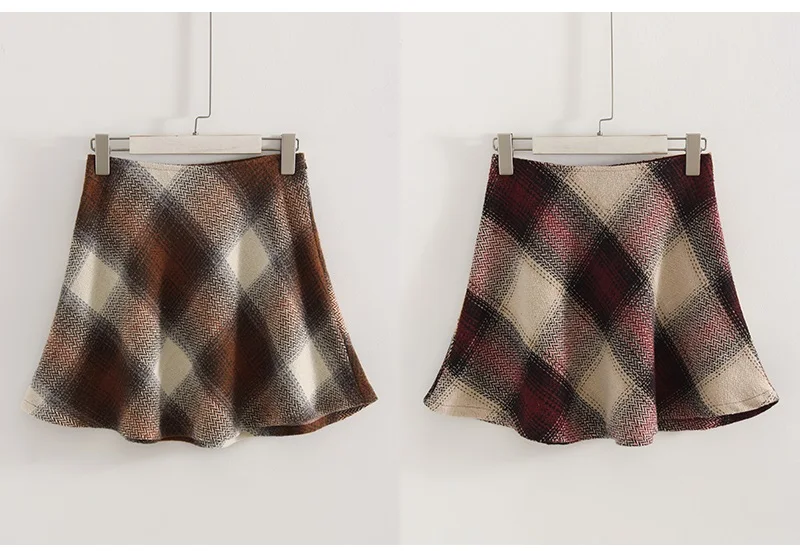 Streamgirl Brown Plaid Woolen Mini Skirts For Women High Waist Orange A Line Umbrella Wool Short Plaid Skirt With Zipper Gray