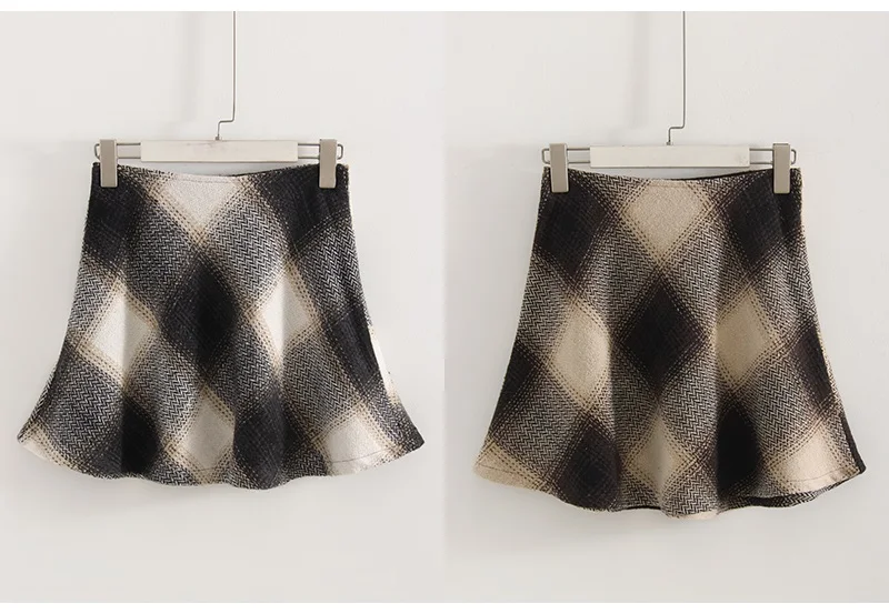 Streamgirl Brown Plaid Woolen Mini Skirts For Women High Waist Orange A Line Umbrella Wool Short Plaid Skirt With Zipper Gray