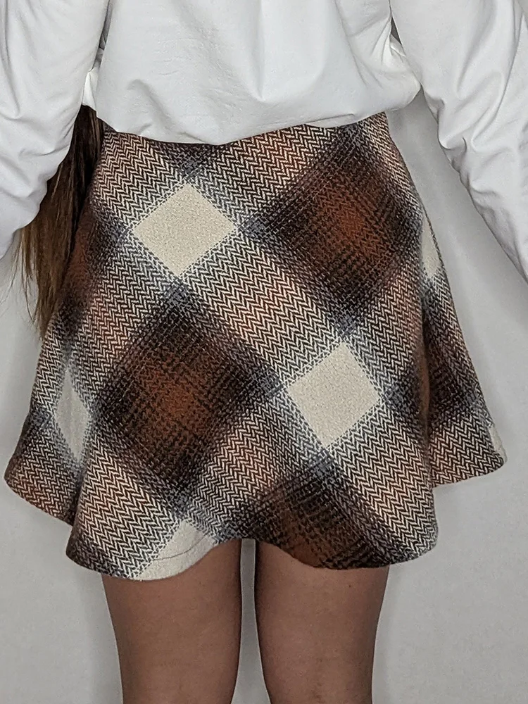 Streamgirl Brown Plaid Woolen Mini Skirts For Women High Waist Orange A Line Umbrella Wool Short Plaid Skirt With Zipper Gray