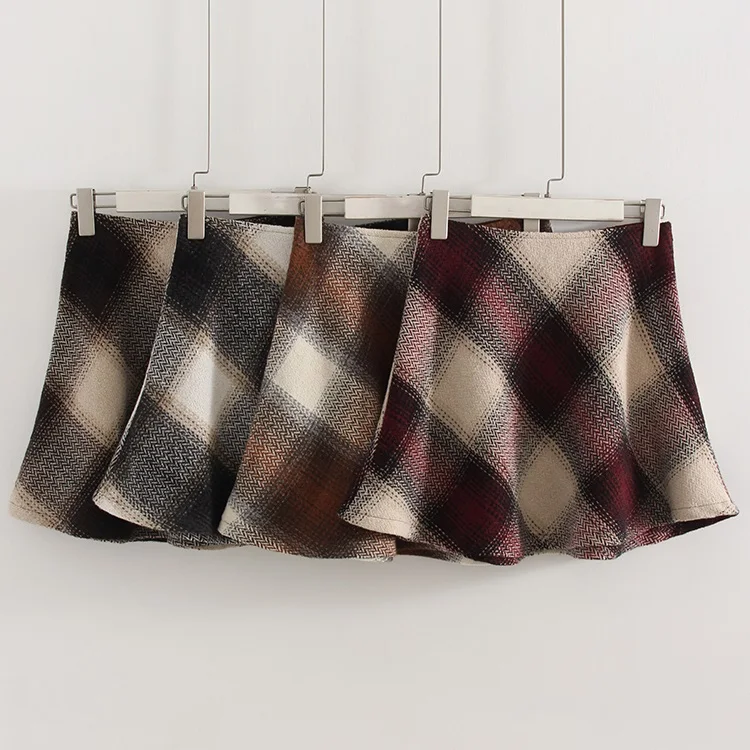 Streamgirl Brown Plaid Woolen Mini Skirts For Women High Waist Orange A Line Umbrella Wool Short Plaid Skirt With Zipper Gray