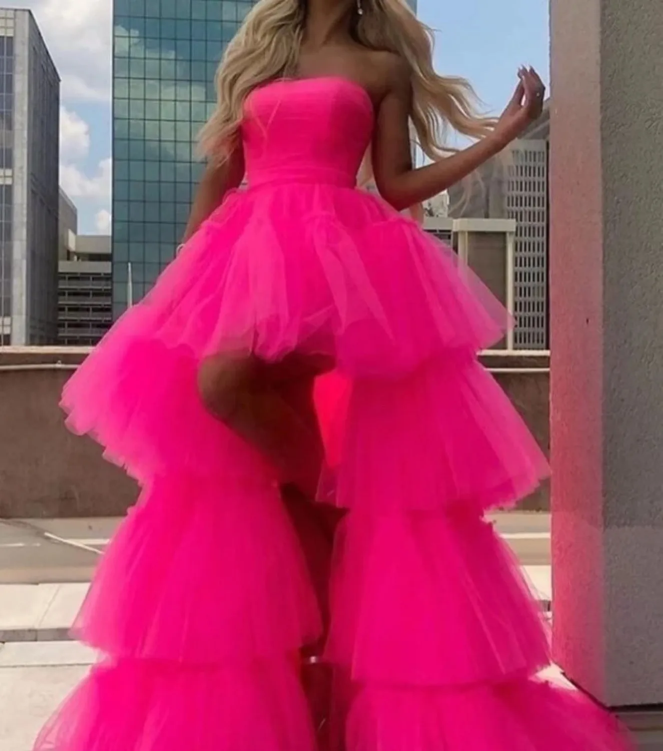Pink Fluffy Tulle High Low Skirt Puffy Tiered Women's Tutu Skirts Party Night Maxi Dress Cosplay A-Line Petticoat