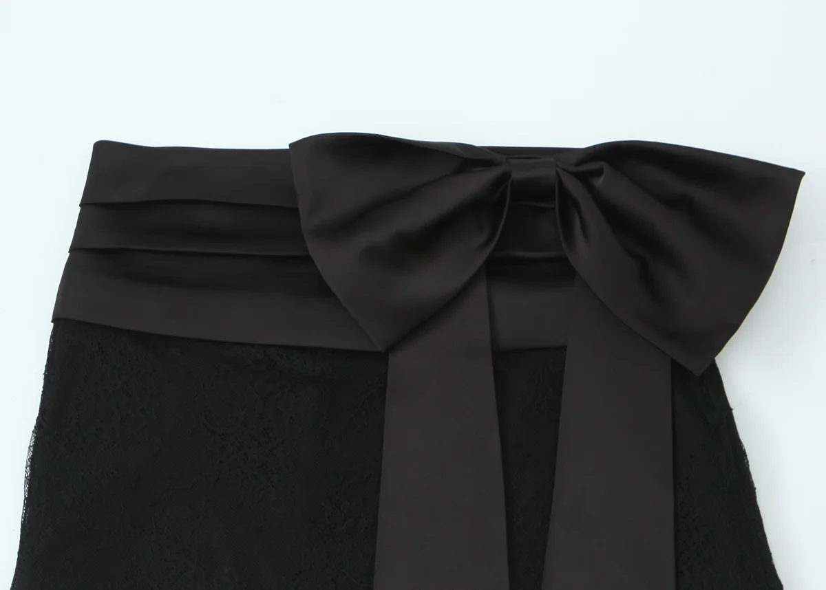 Sexy Women Lace Trim Bow Mini Skirt Mid-rise Black Skirts
