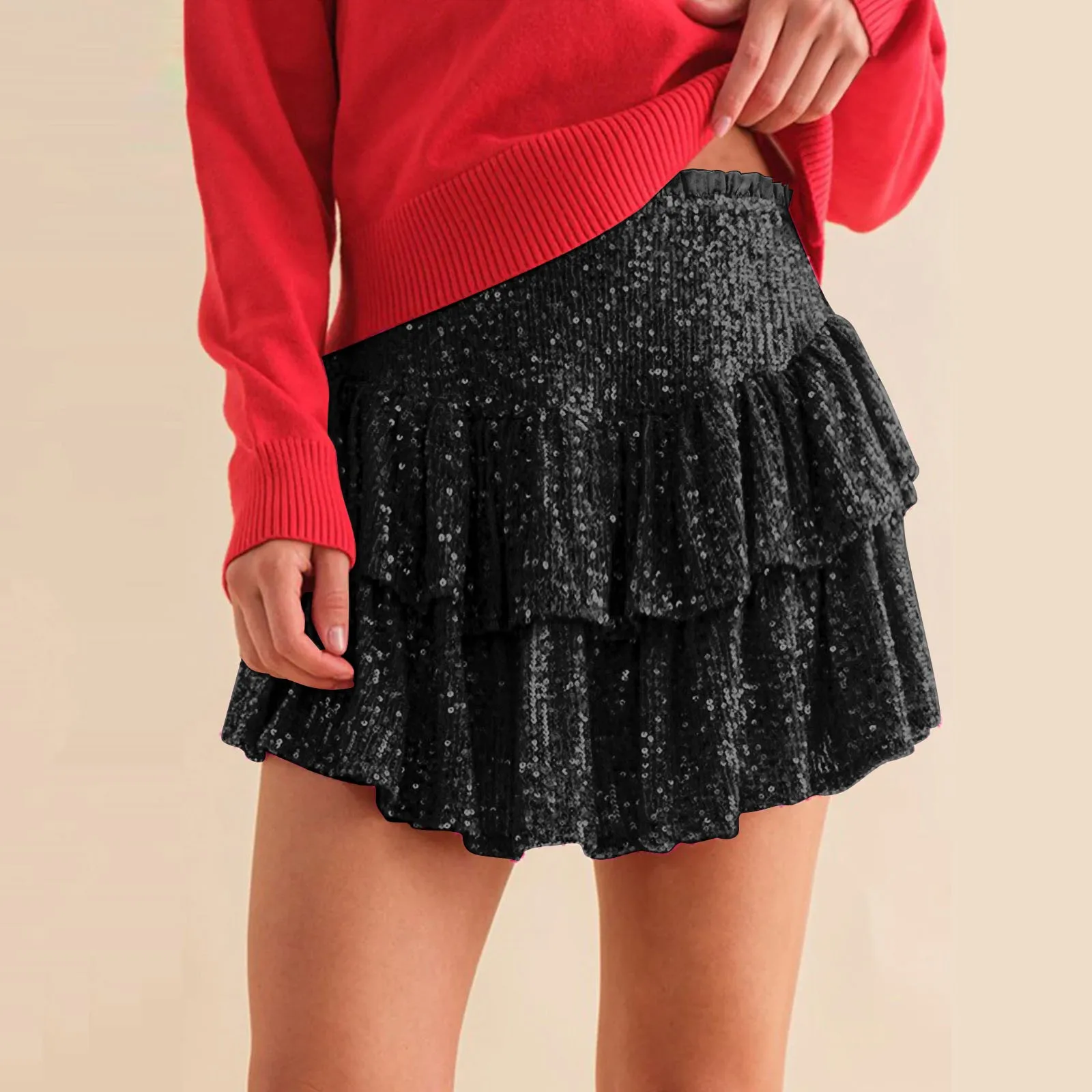 Women Ruffle Sequins Skirt Fashion Casual High Waist Pleated Skirt Pink Fashion Dance Carnival Party Shorts Sexy Streetwear