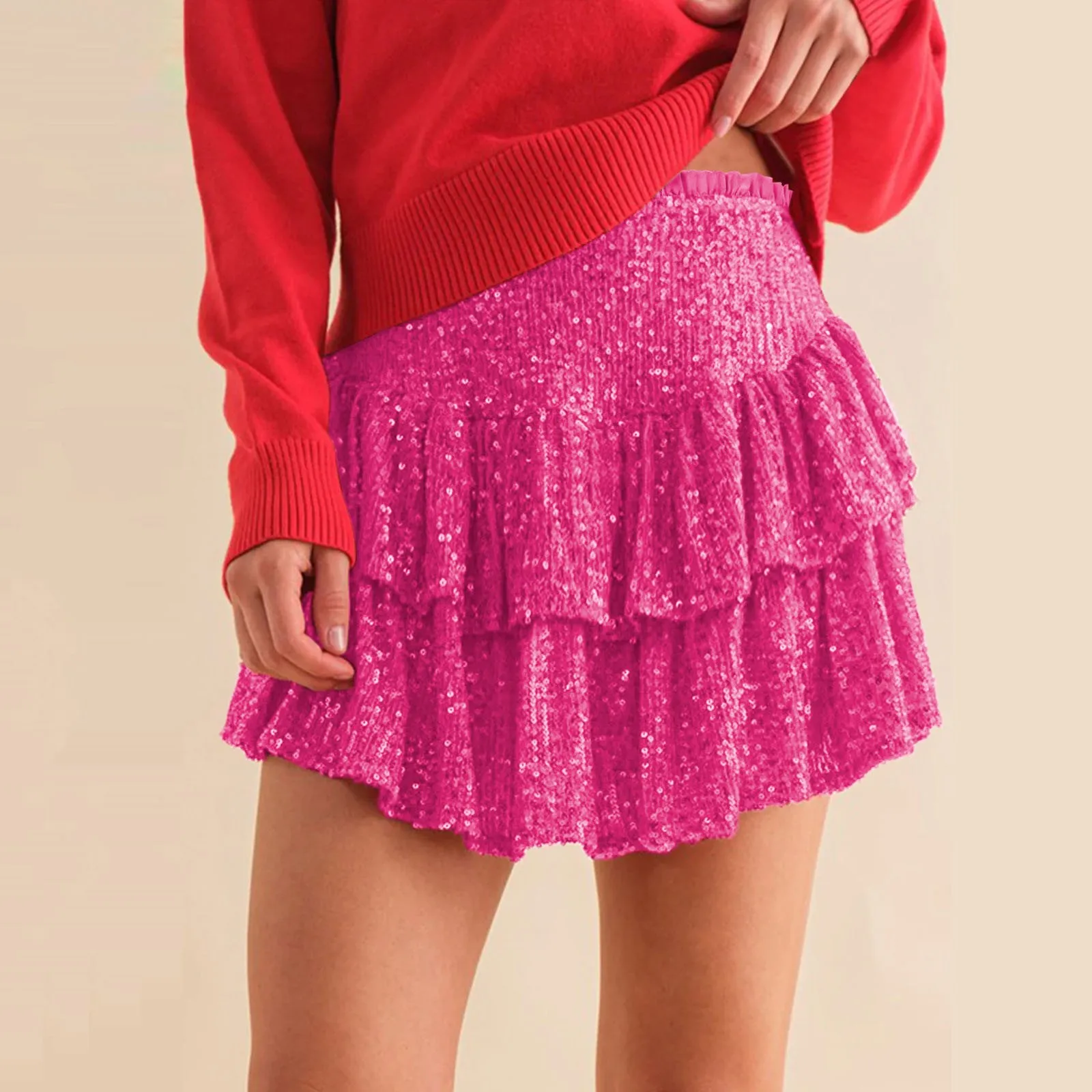 Women Ruffle Sequins Skirt Fashion Casual High Waist Pleated Skirt Pink Fashion Dance Carnival Party Shorts Sexy Streetwear