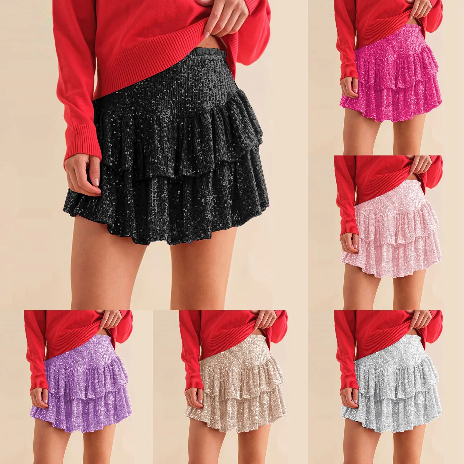 Women Ruffle Sequins Skirt Fashion Casual High Waist Pleated Skirt Pink Fashion Dance Carnival Party Shorts Sexy Streetwear