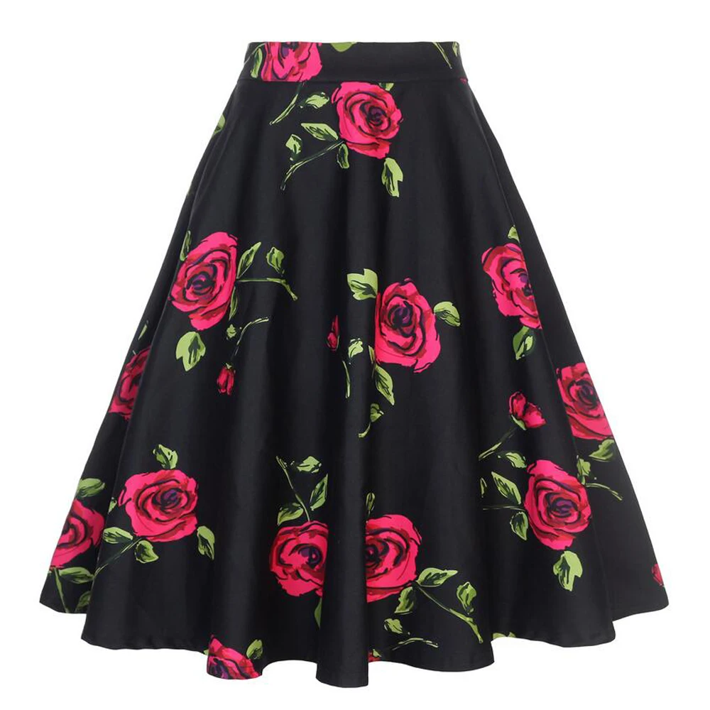 2025 New Arrival Summer A Line Vintage Floral Skirt 50s Pin Up Style Rockabilly Swing Skirts Women Retro High Waist Midi Skirt