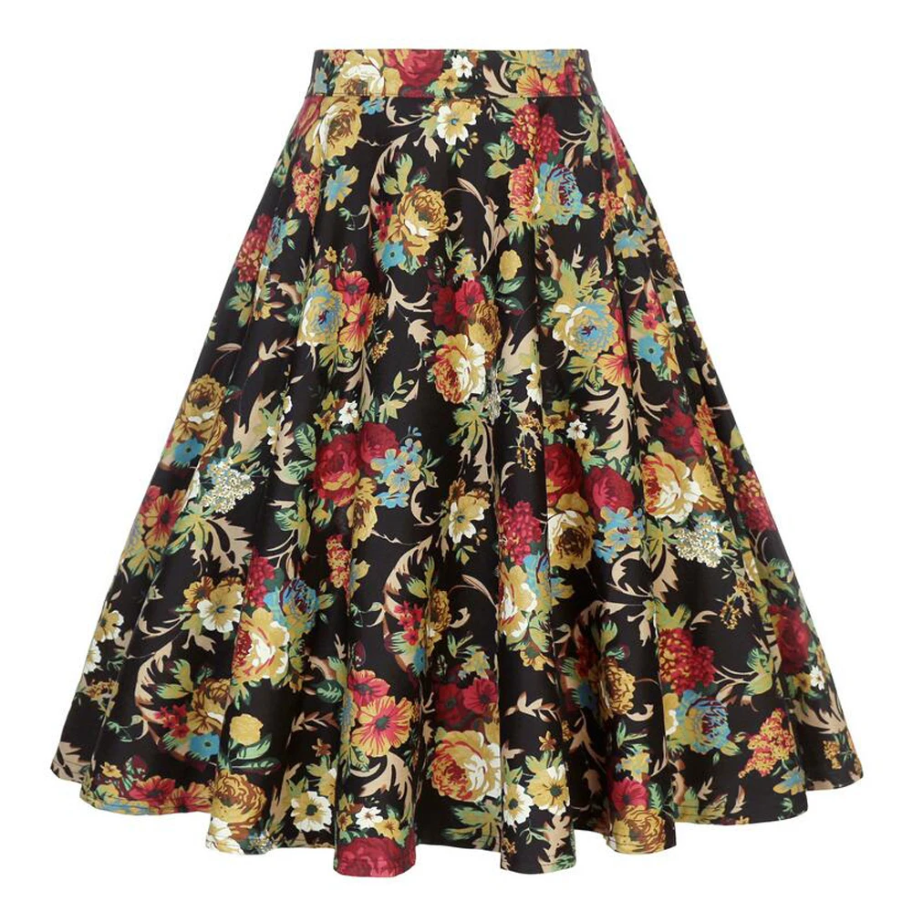 2025 New Arrival Summer A Line Vintage Floral Skirt 50s Pin Up Style Rockabilly Swing Skirts Women Retro High Waist Midi Skirt